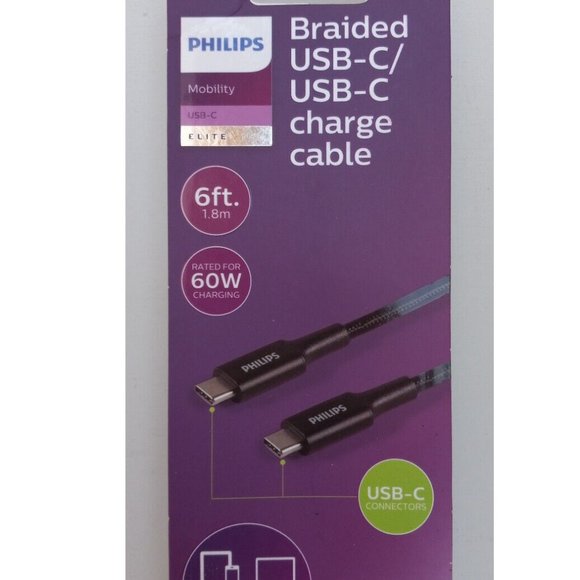 PHILIPS USB-C/USB-C Charge Cable Braided 6ft length Rated for 60W Black *NEW BOX - Picture 3 of 7